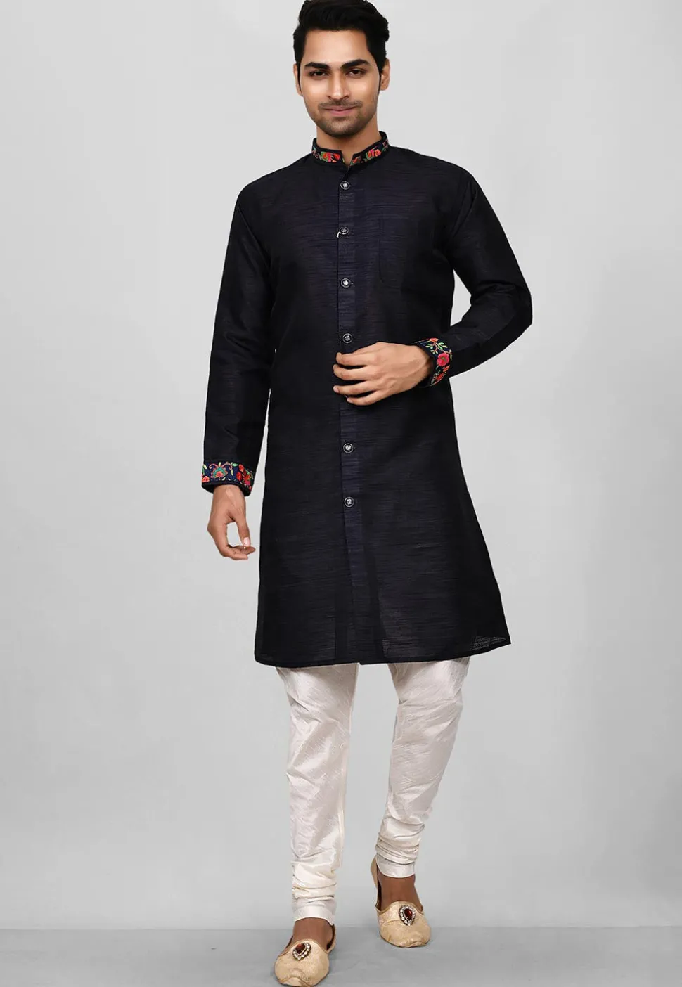 Embroidered Trim Dupion Silk Sherwani in Navy Blue