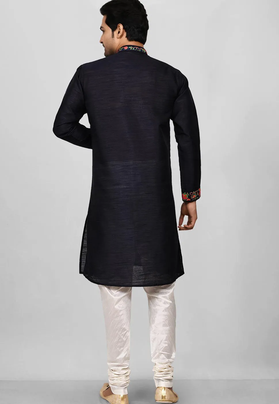Embroidered Trim Dupion Silk Sherwani in Navy Blue