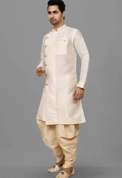 Embroidered Trim Dupion Silk Dhoti Kurta in Off White