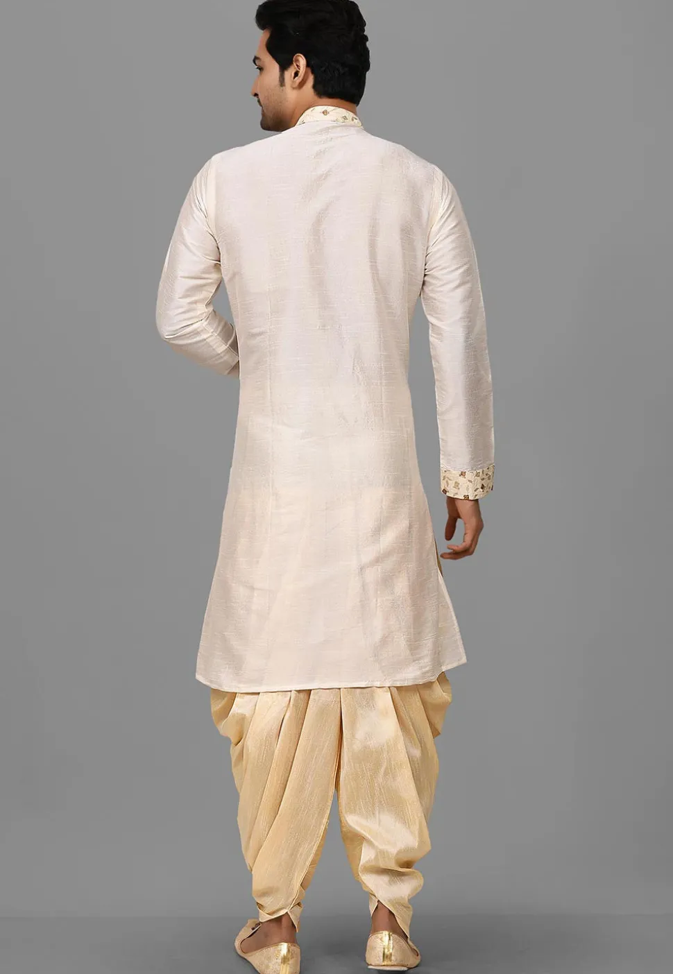Embroidered Trim Dupion Silk Dhoti Kurta in Off White