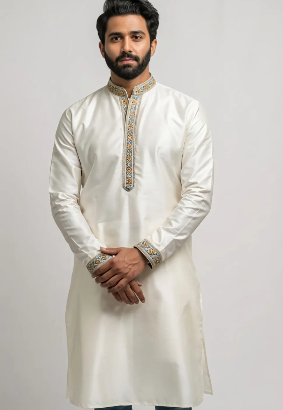 Embroidered Trim Pure Cotton Kurta in White