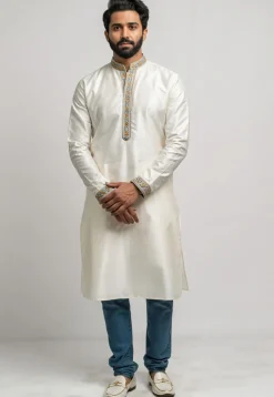 Embroidered Trim Pure Cotton Kurta in White