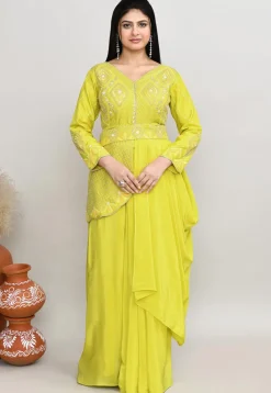 Embroidered Tussar Silk Asymmetric Tunic Set in Yellow