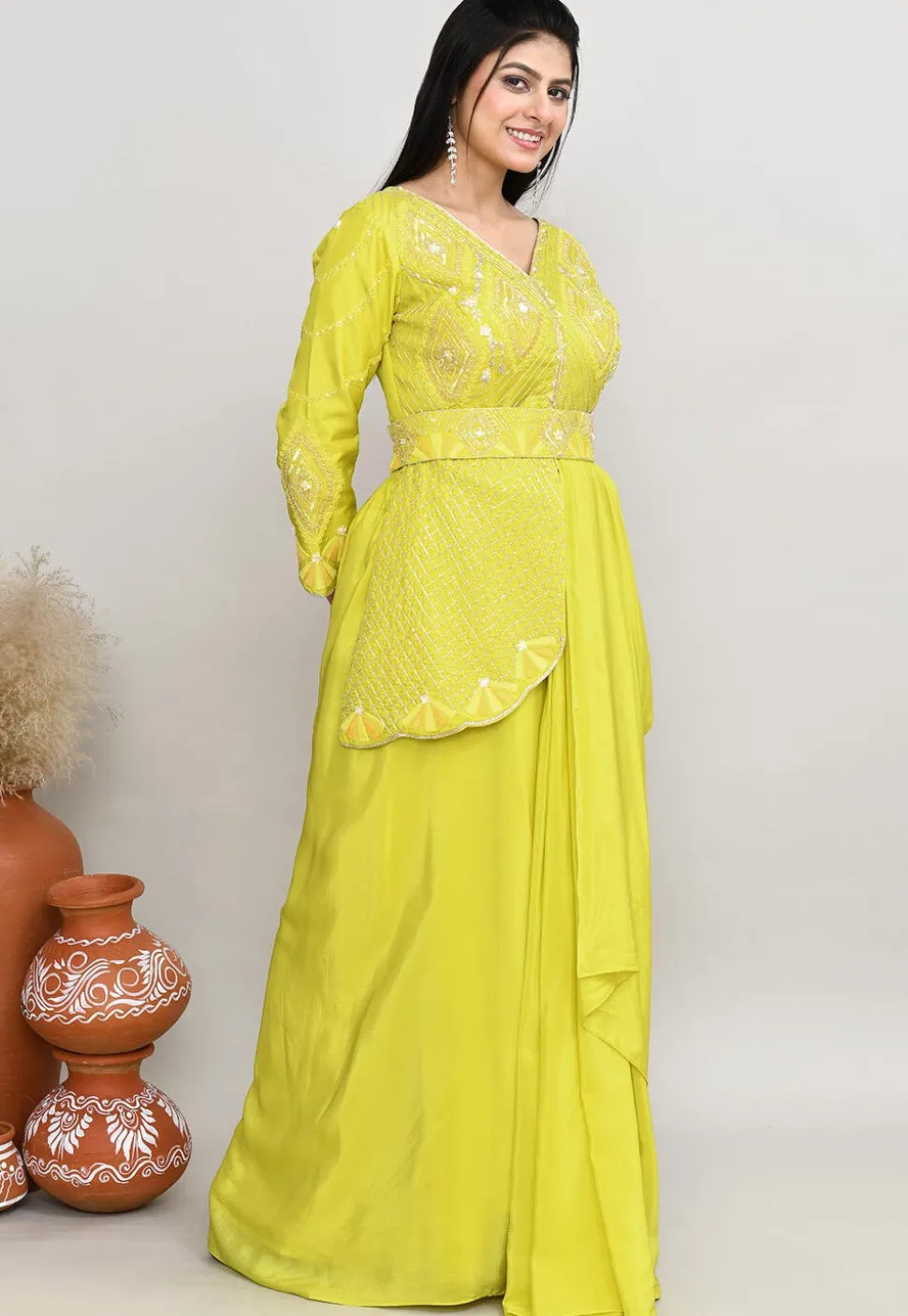 Embroidered Tussar Silk Asymmetric Tunic Set in Yellow