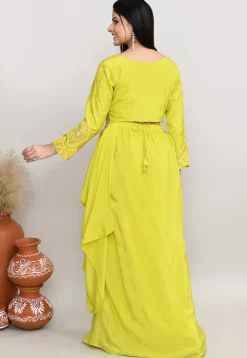 Embroidered Tussar Silk Asymmetric Tunic Set in Yellow