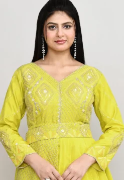 Embroidered Tussar Silk Asymmetric Tunic Set in Yellow