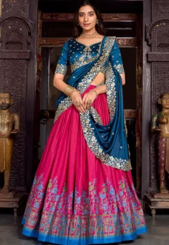 Embroidered Tussar Silk Lehenga in Fuchsia