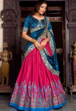 Embroidered Tussar Silk Lehenga in Fuchsia