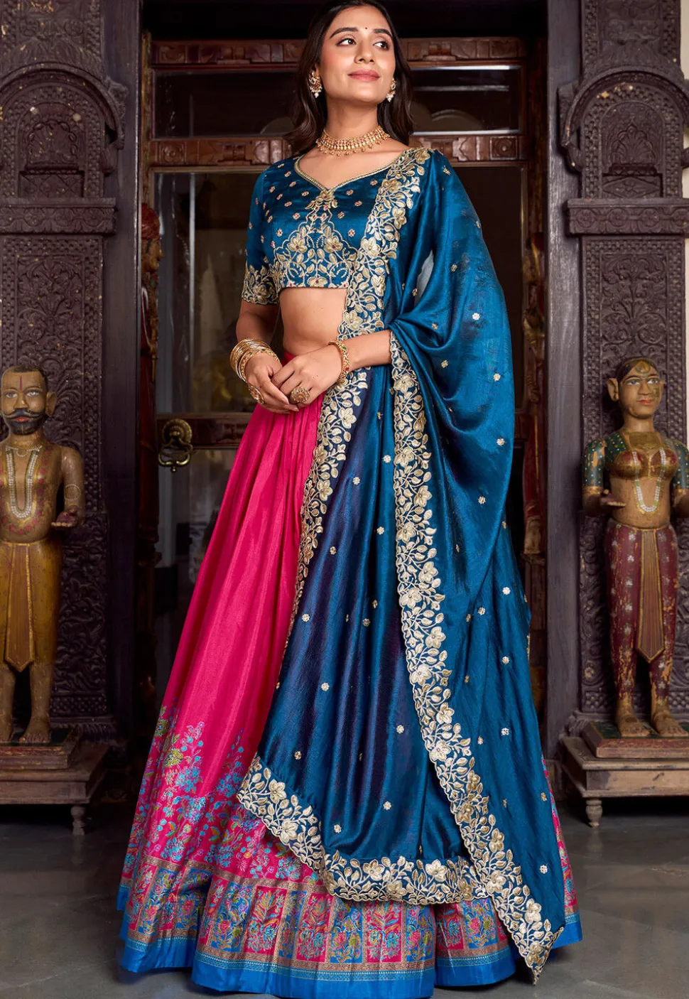 Embroidered Tussar Silk Lehenga in Fuchsia