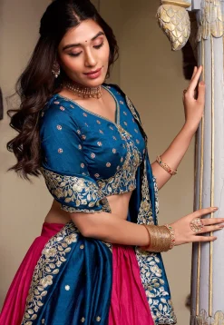 Embroidered Tussar Silk Lehenga in Fuchsia