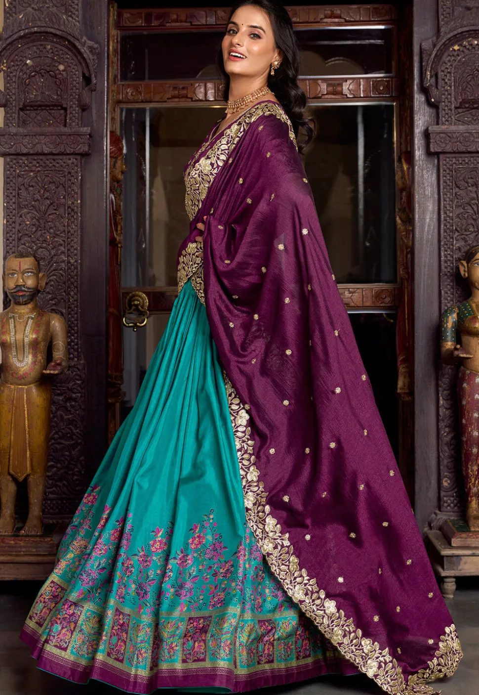 Embroidered Tussar Silk Lehenga in Teal Green