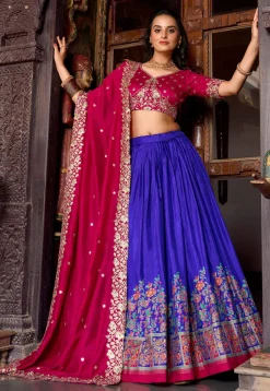 Embroidered Tussar Silk Lehenga in Blue