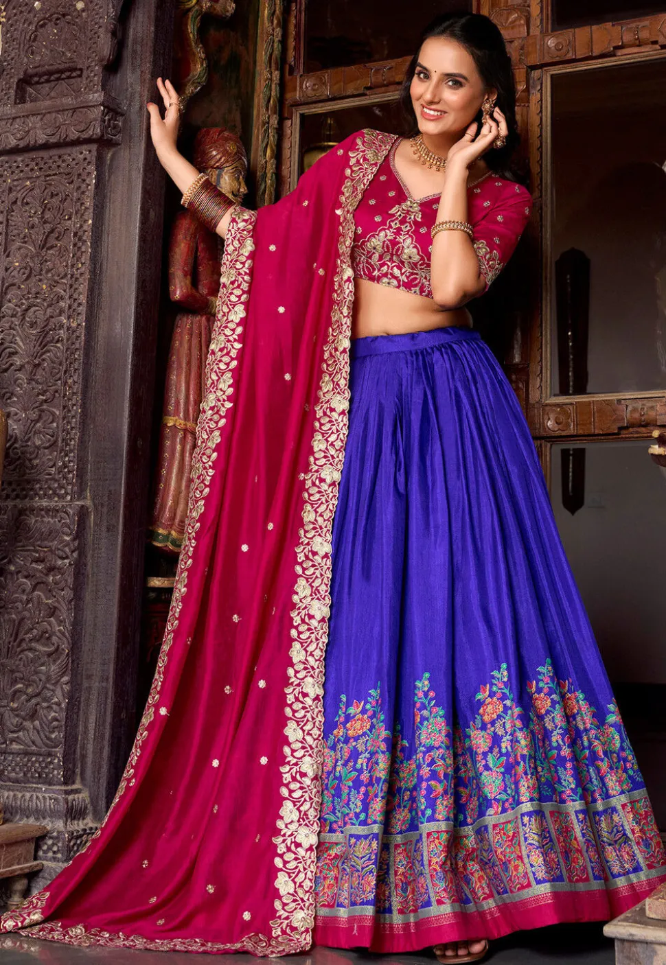 Embroidered Tussar Silk Lehenga in Blue