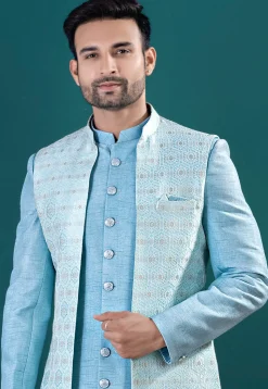 Embroidered Tussar Silk Sherwani in Light Blue