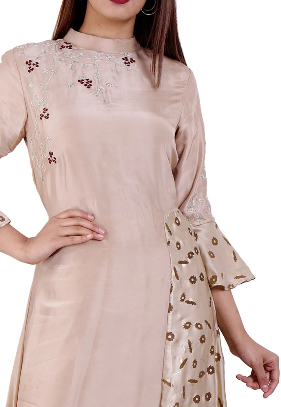 Embroidered Upadda Silk Asymmetric Kurta in Light Fawn