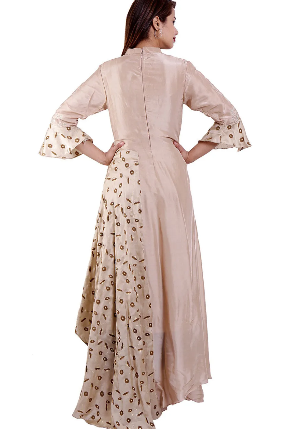 Embroidered Upadda Silk Asymmetric Kurta in Light Fawn