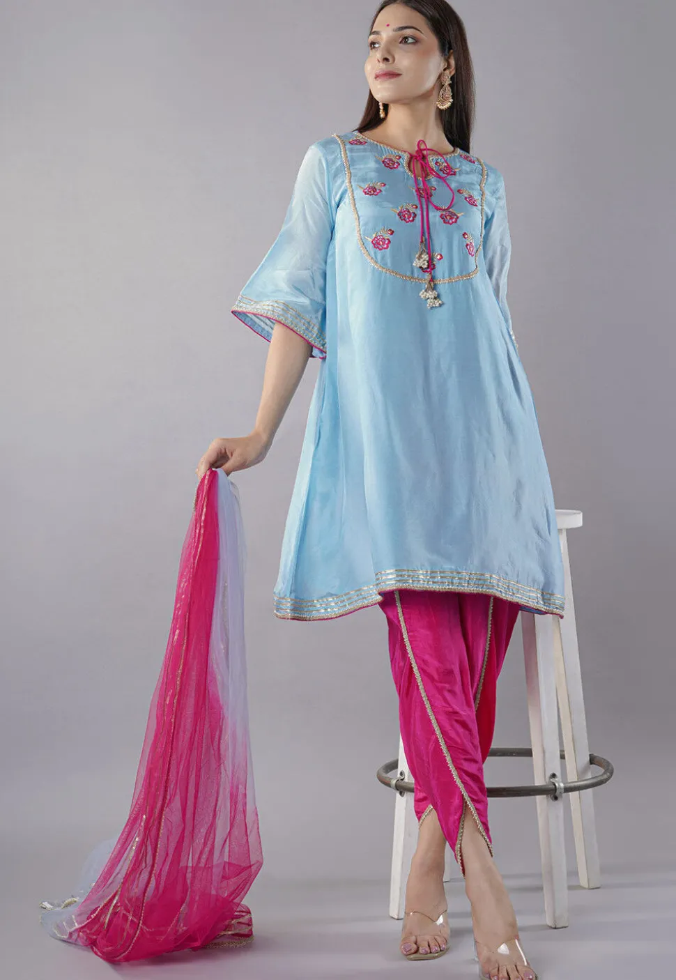 Embroidered Uppada Silk A Line Suit in Sky Blue