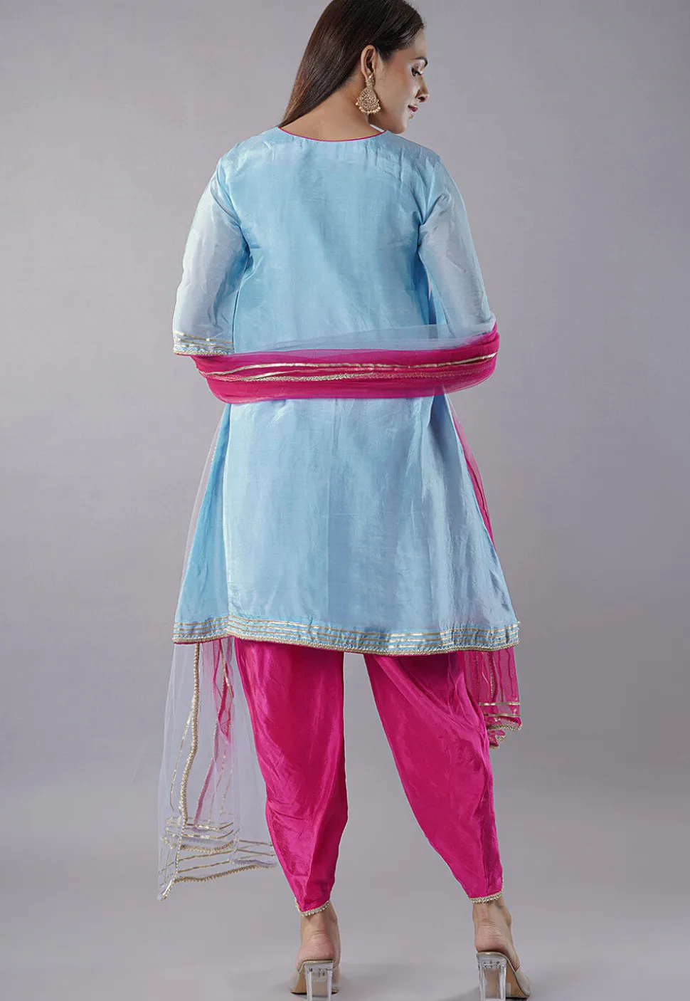 Embroidered Uppada Silk A Line Suit in Sky Blue