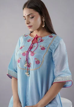 Embroidered Uppada Silk A Line Suit in Sky Blue