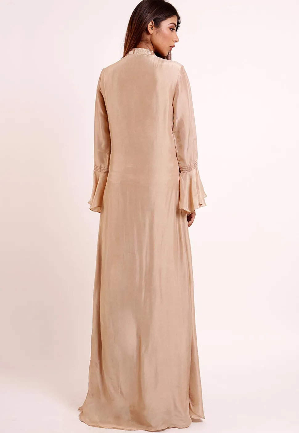 Embroidered Uppada Silk Abaya Style Suit in Light Beige
