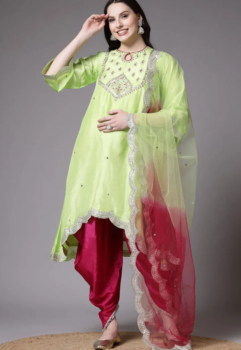 Embroidered Uppada Silk Asymmetric Punjabi Suit in Light Green