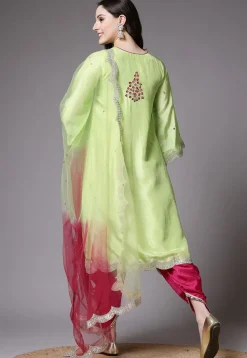 Embroidered Uppada Silk Asymmetric Punjabi Suit in Light Green