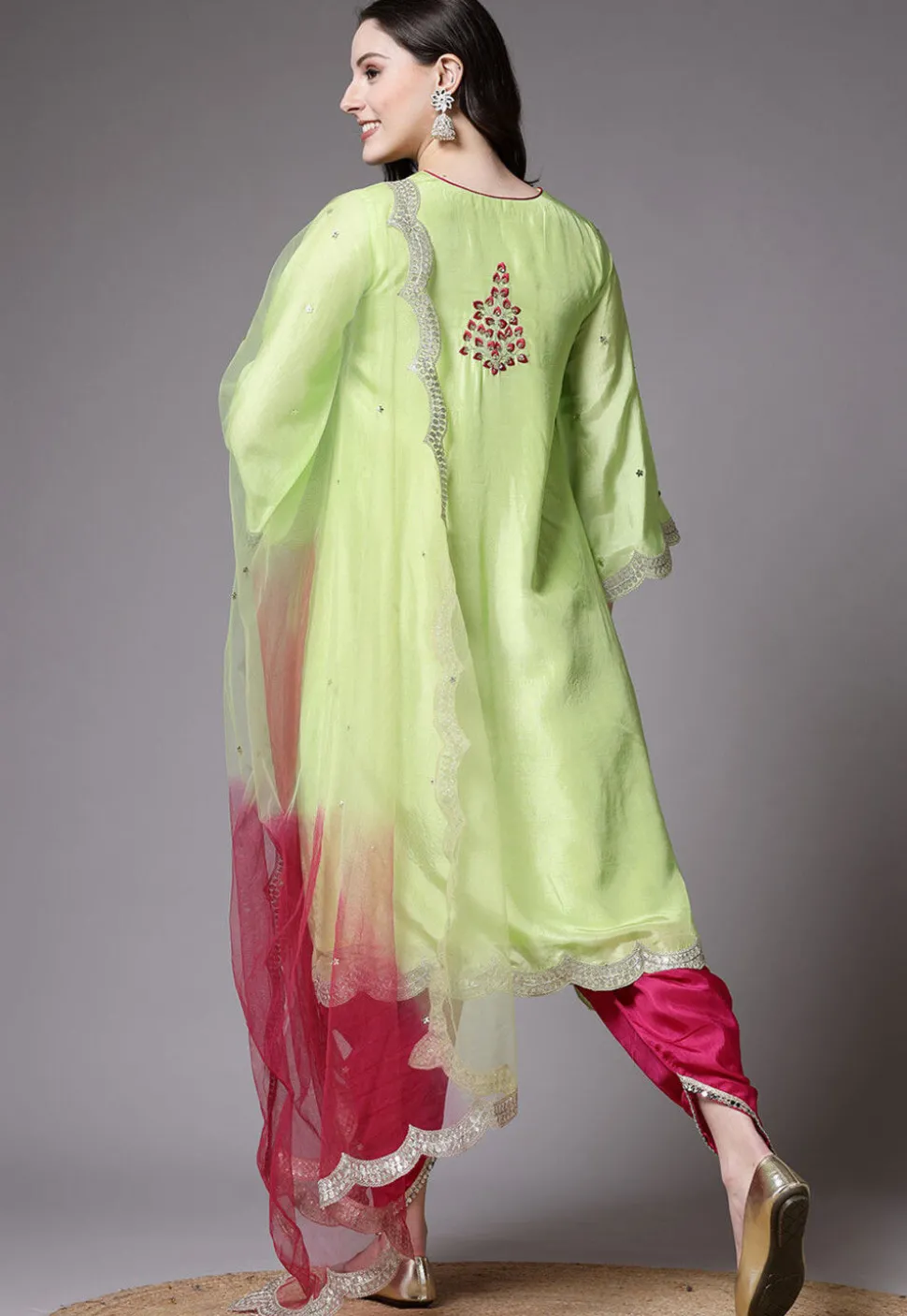 Embroidered Uppada Silk Asymmetric Punjabi Suit in Light Green