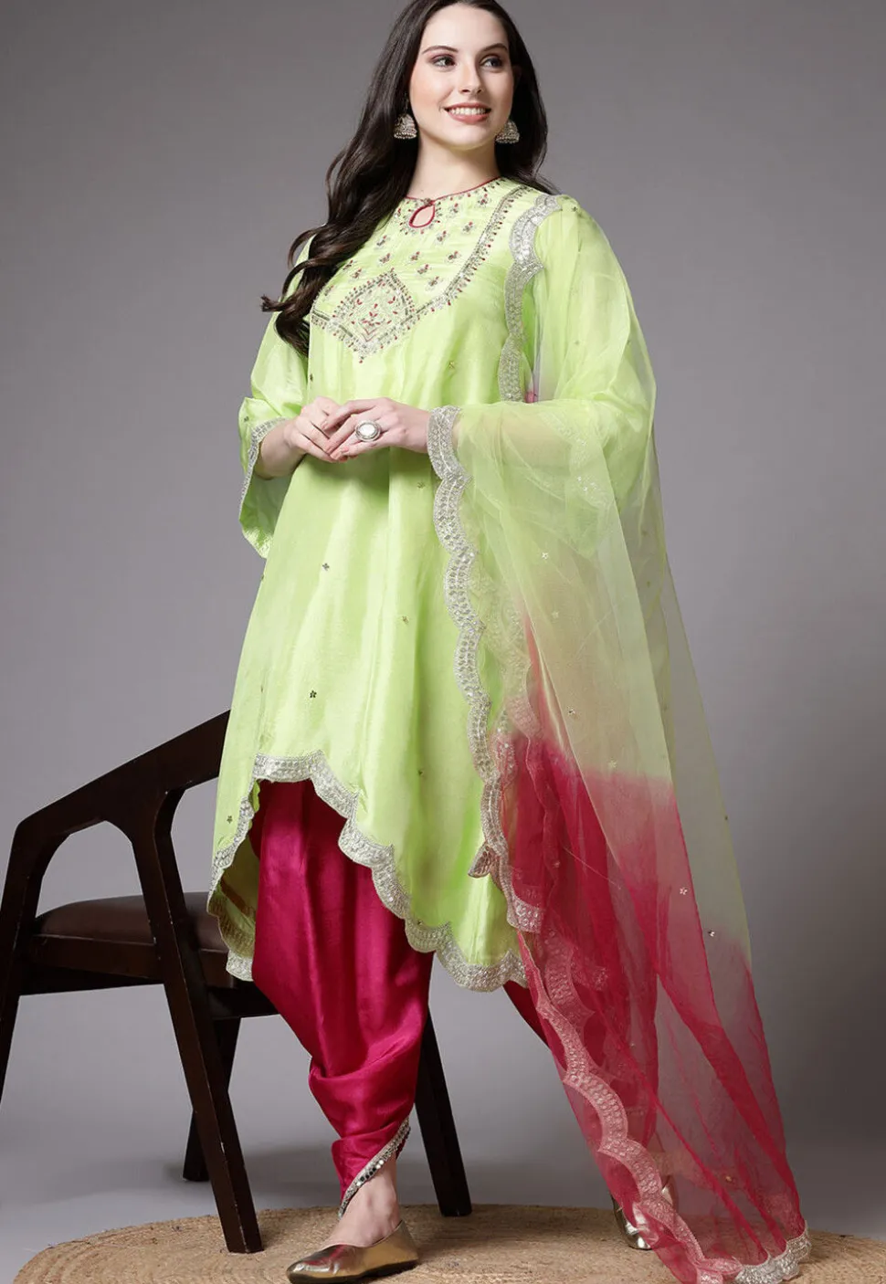 Embroidered Uppada Silk Asymmetric Punjabi Suit in Light Green