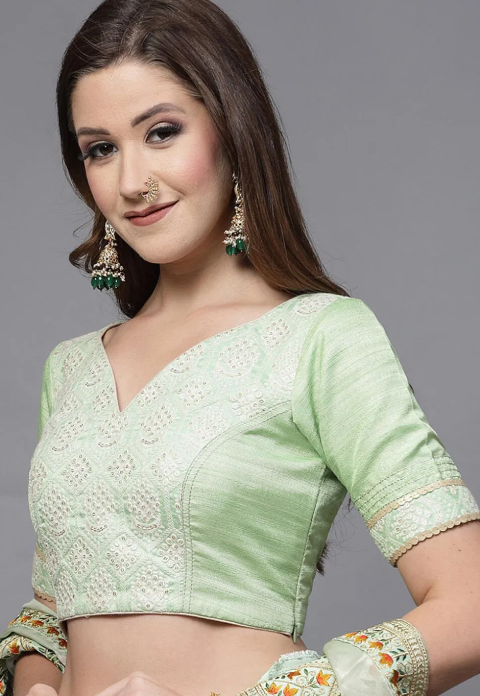 Embroidered Uppada Silk Blouse in Pastel Green