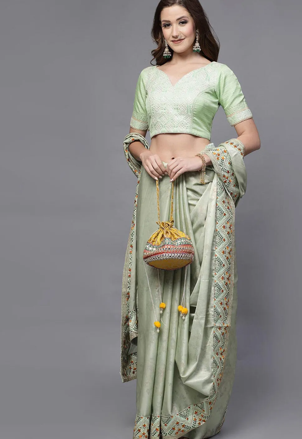 Embroidered Uppada Silk Blouse in Pastel Green