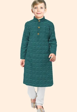 Embroidered Uppada Silk Kurta Set in Dark Green