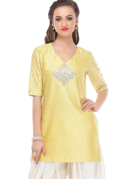 Embroidered Uppada Silk Kurti in Yellow