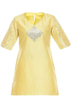 Embroidered Uppada Silk Kurti in Yellow