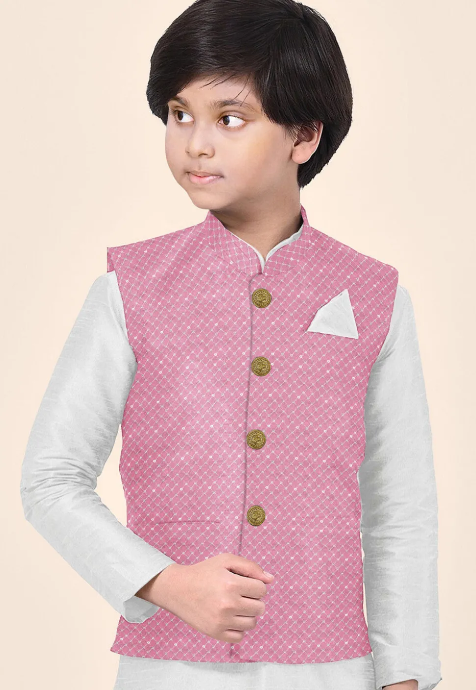 Embroidered Uppada Silk Nehru Jacket in Pink