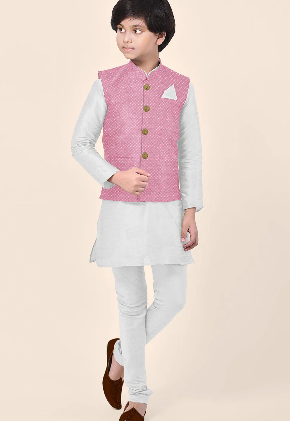 Embroidered Uppada Silk Nehru Jacket in Pink