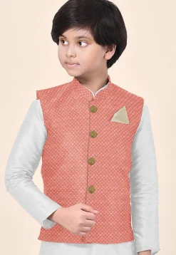 Embroidered Uppada Silk Nehru Jacket in Peach