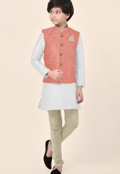 Embroidered Uppada Silk Nehru Jacket in Peach
