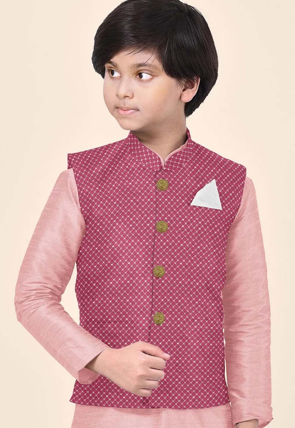 Embroidered Uppada Silk Nehru Jacket in Pink