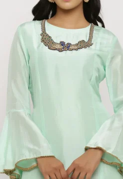 Embroidered Uppada Silk Panelled Abaya Style Suit in Green