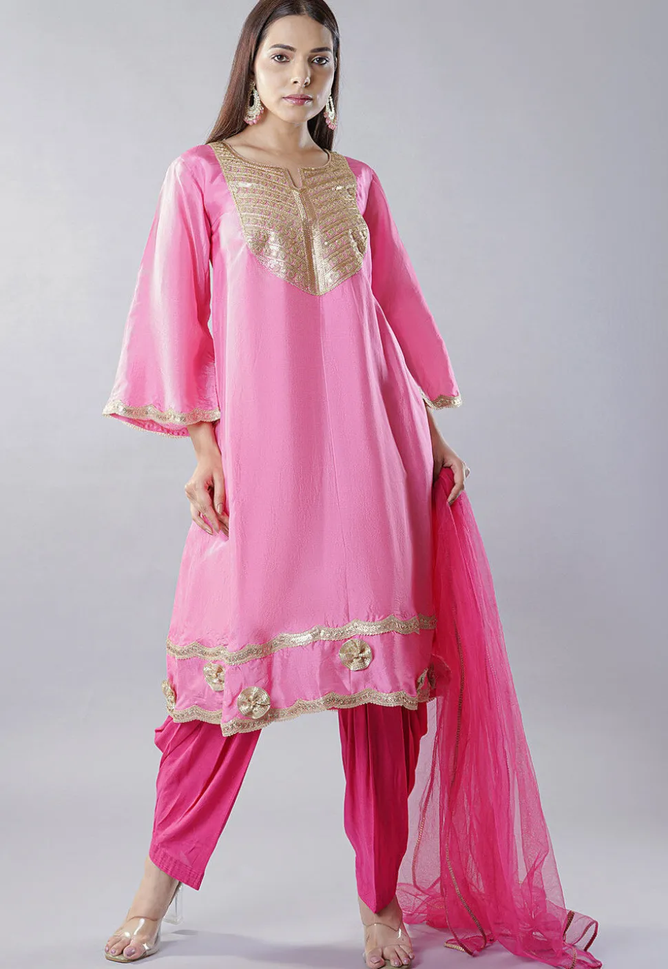 Embroidered Uppada Silk Punjabi Suit in Light Pink