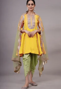 Embroidered Uppada Silk Punjabi Suit in Yellow