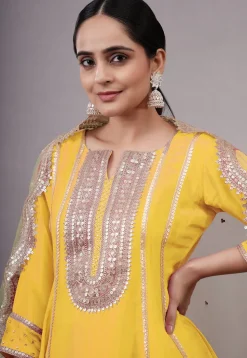 Embroidered Uppada Silk Punjabi Suit in Yellow