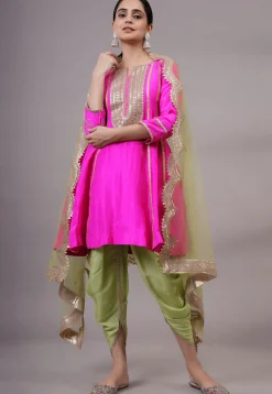 Embroidered Uppada Silk Punjabi Suit in Fuchsia