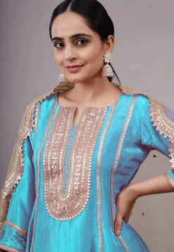 Embroidered Uppada Silk Punjabi Suit in Sky Blue