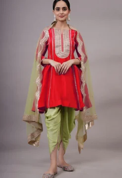Embroidered Uppada Silk Punjabi Suit in Red