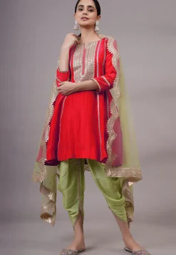 Embroidered Uppada Silk Punjabi Suit in Red
