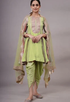 Embroidered Uppada Silk Punjabi Suit in Olive Green