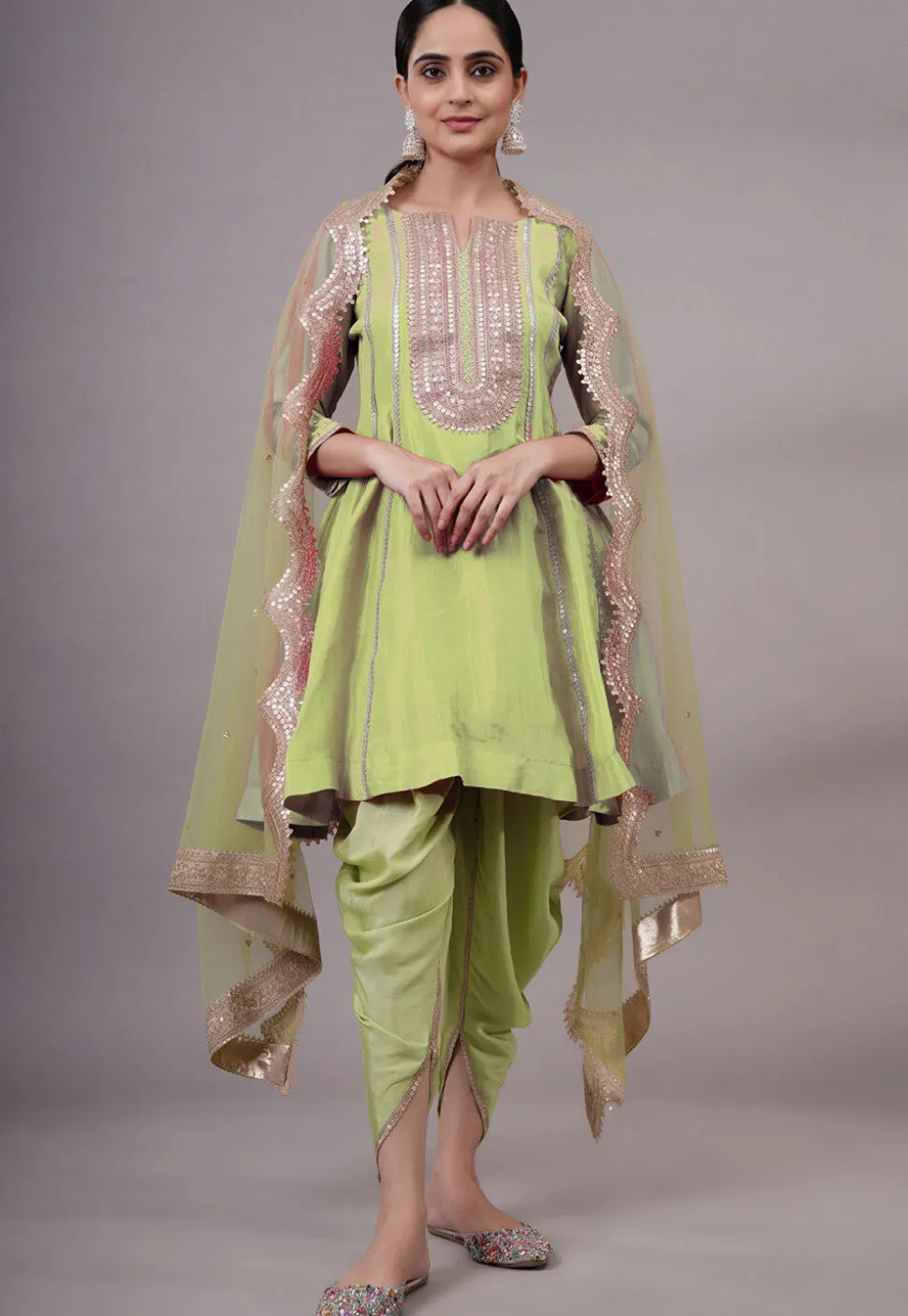 Embroidered Uppada Silk Punjabi Suit in Olive Green