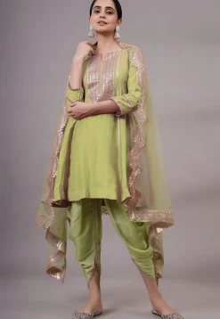 Embroidered Uppada Silk Punjabi Suit in Olive Green