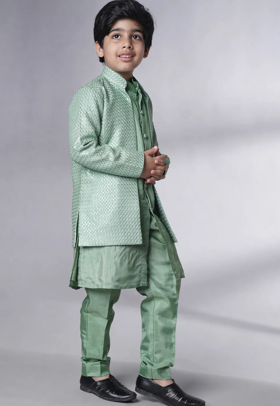 Embroidered Uppada Silk Sherwani Set in Dusty Green